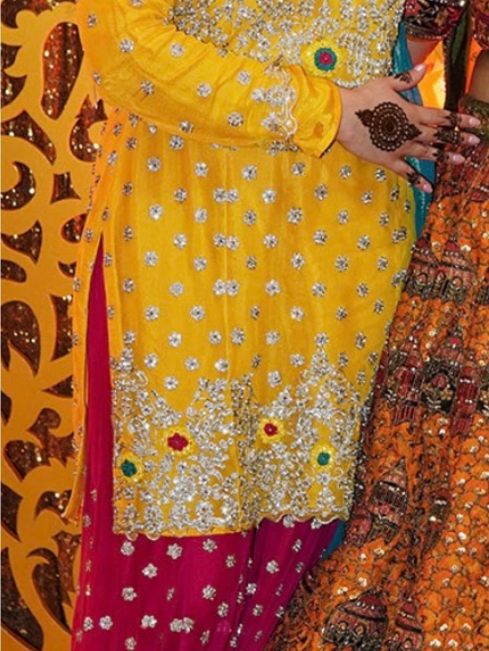 Embellished Yellow Sharara Suit with Pink Flared Trousers and Teal Dupatta